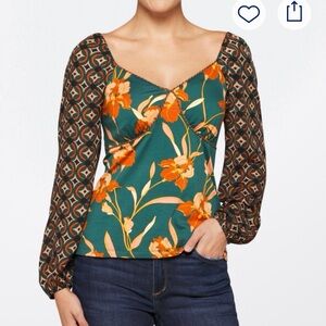 Vibrant Floral and Geometric Sleeve Blouse